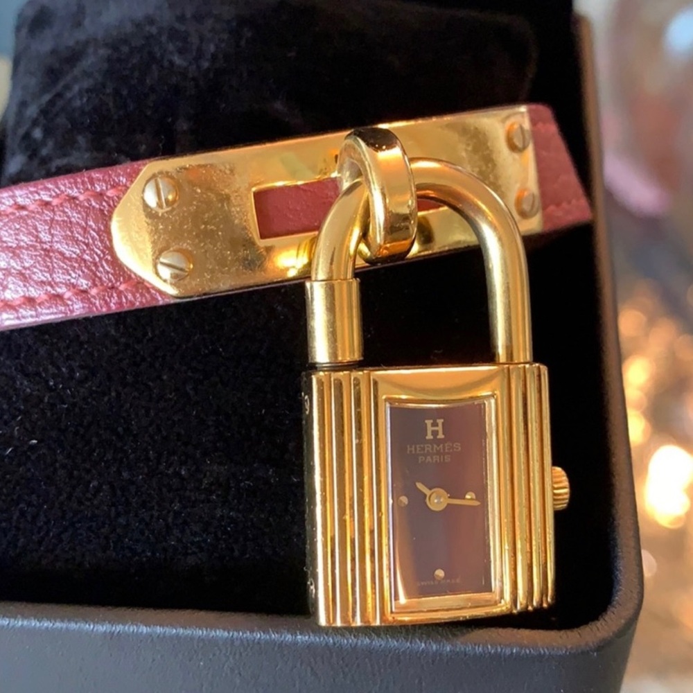 Hermes Paris gold cadena burgundy leather strap watch Authentic